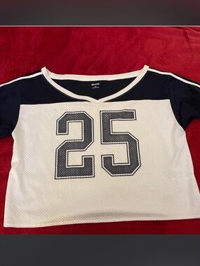 Hollister White Mesh Tee with Navy Sleeves & '25' Graphic